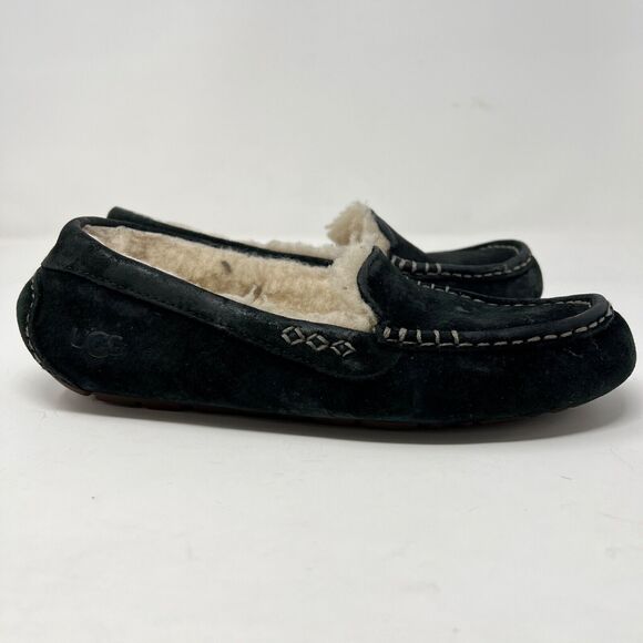 UGG Australia Women Size 8  Black Fur Lined Slipper Moccasin Slip On - Picture 6 of 11